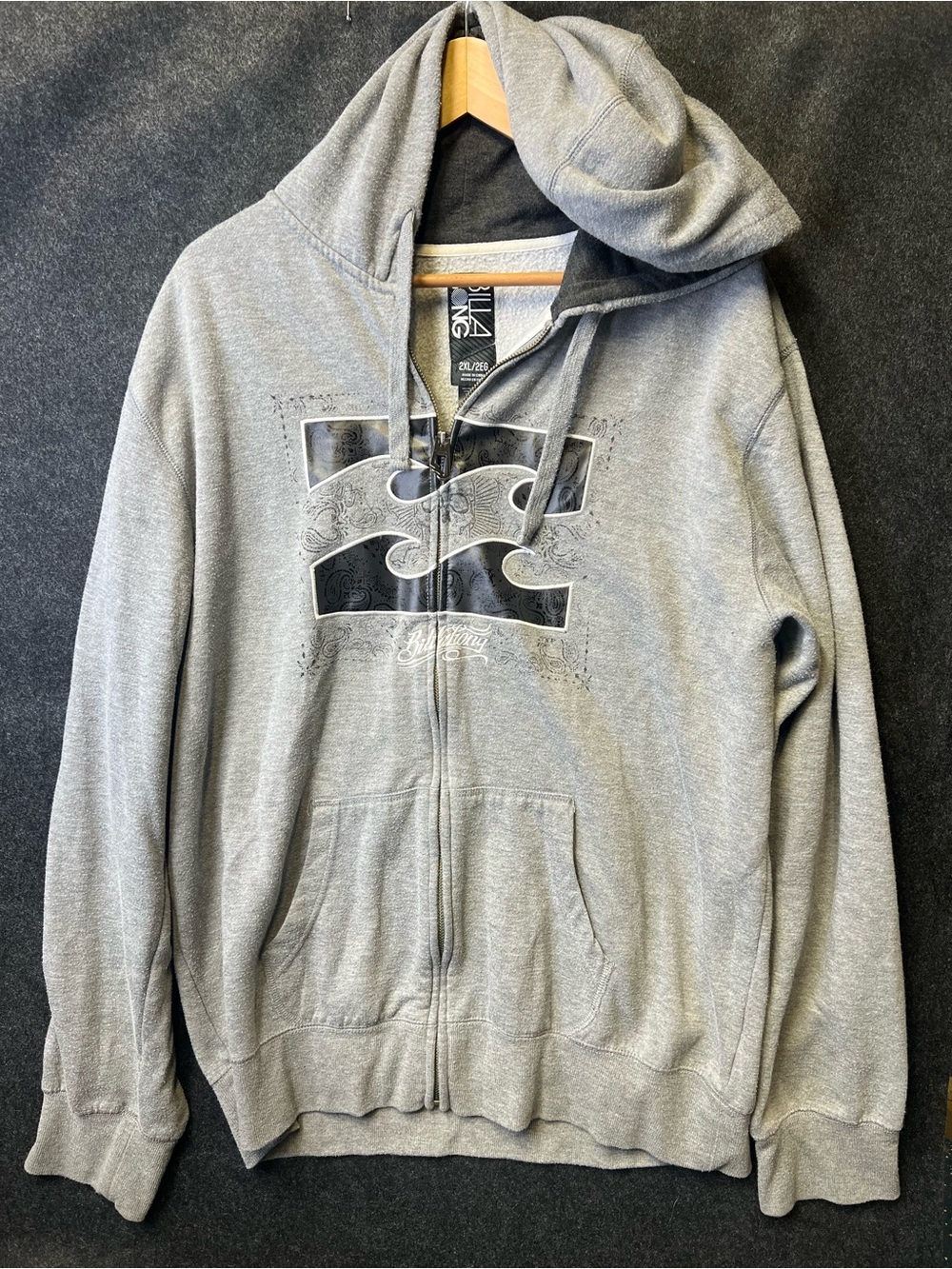 Y2K Billabong Logo Surf Gray Graphic Zip-Up Hoodie Mens Size 2XL Baggy Skater